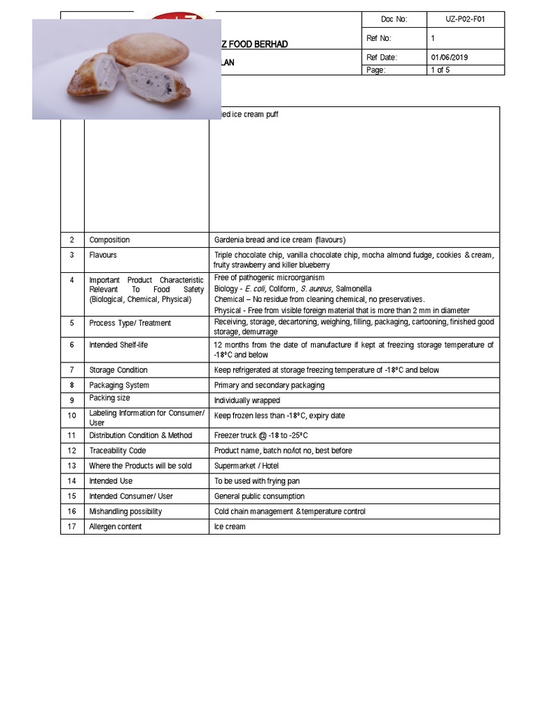 P02F0103 HACCP Plan Fried Ice Cream PDF Hazard Analysis And Critical Control Points