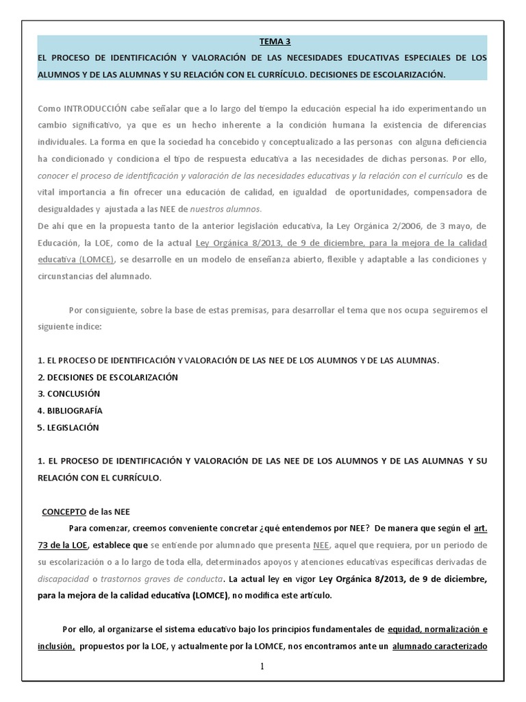 Identificación y Valoración de NEE | PDF | Educación especial | Plan de ...