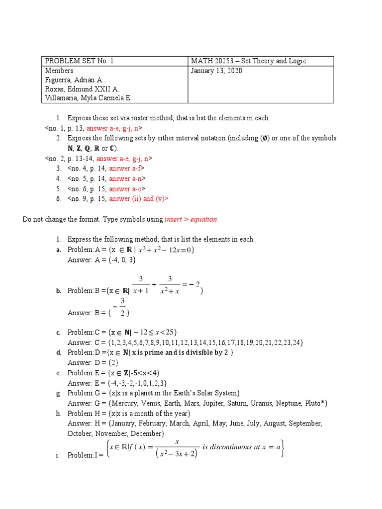 Set Theory and Logic Problem Set Expressing Sets using Various Notations and Identifying
