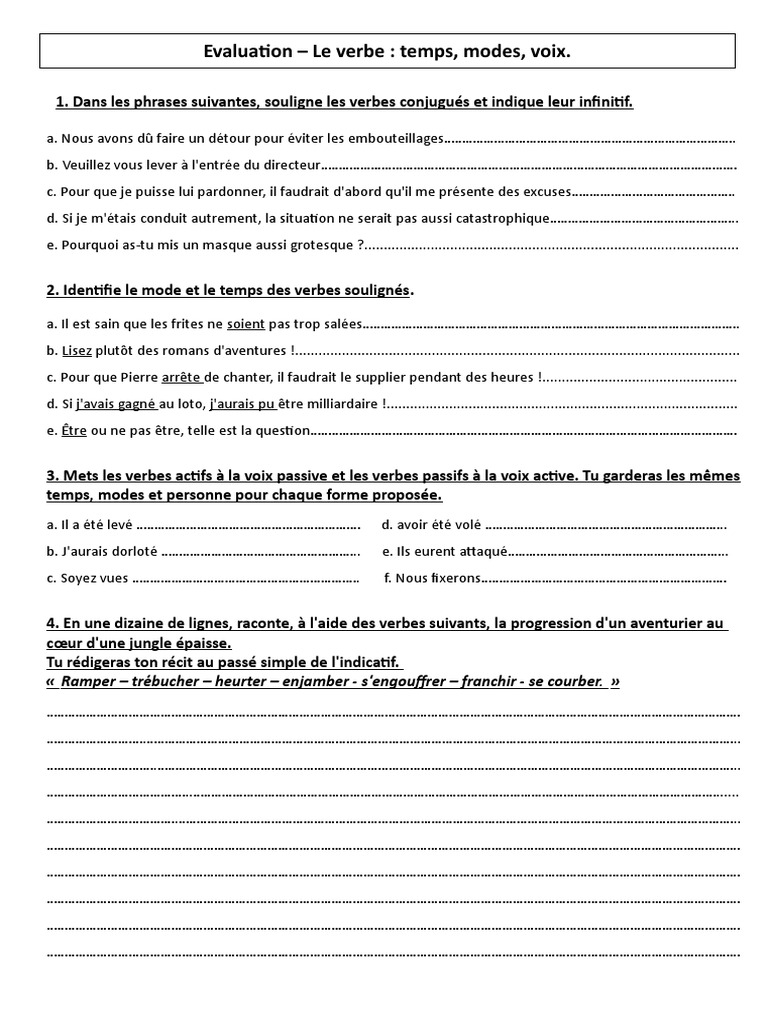 Exercices Français 5ème à Imprimer Temps-modes-voix-5ème-Contrôle-à-imprimer-sur-le-verbe (2) - Copie | PDF |  Morphologie | Grammaire