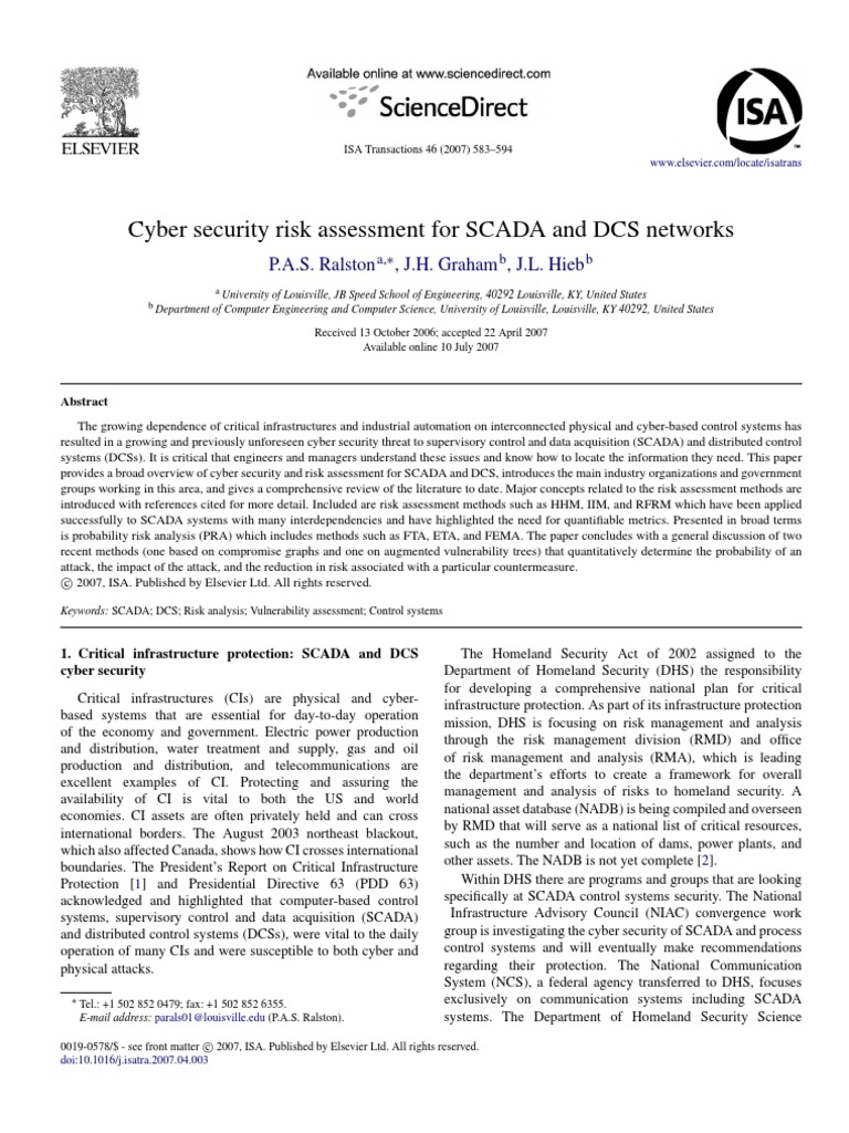 2007 - Cyber Security Risk Assessment For SCADA and DCS Networks | PDF ...