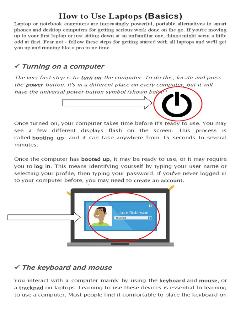 How To Use Laptops (Basics) Turning On A Computer PDF