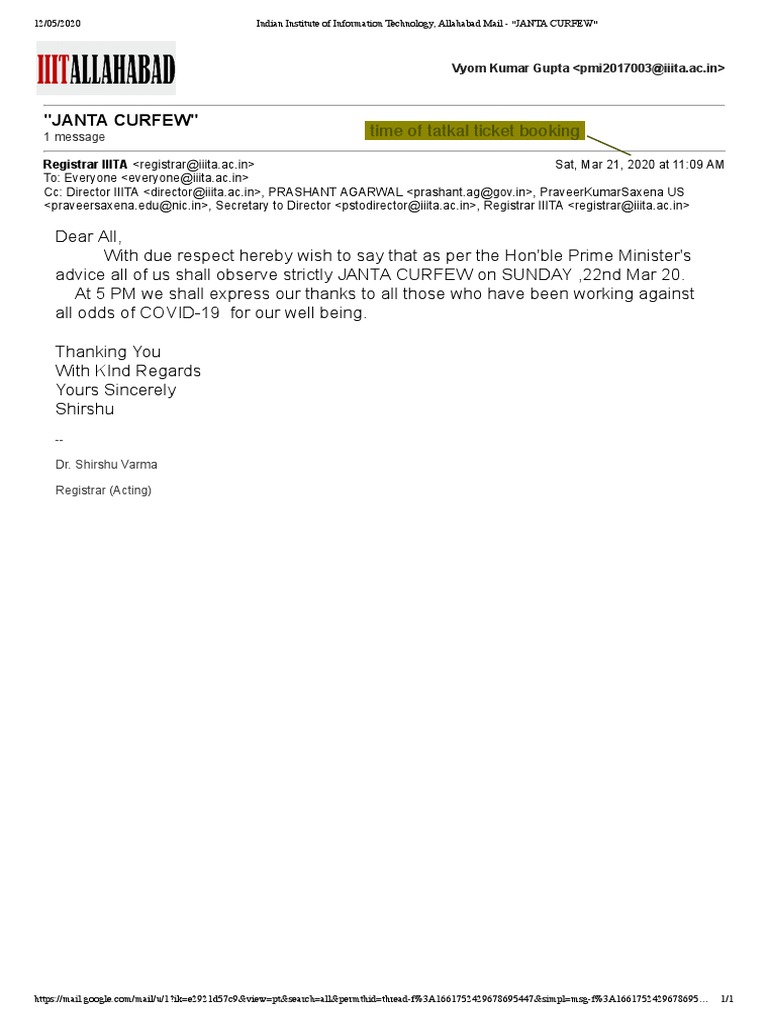 Janta Curfew Announcement IIITA | PDF | Computers