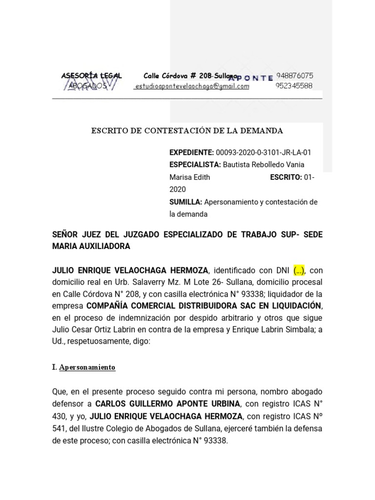 Contestación a demanda de despido arbitrario | PDF | Sociedad de ...