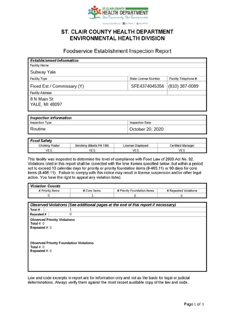 Subway Yale Inspection Report | PDF