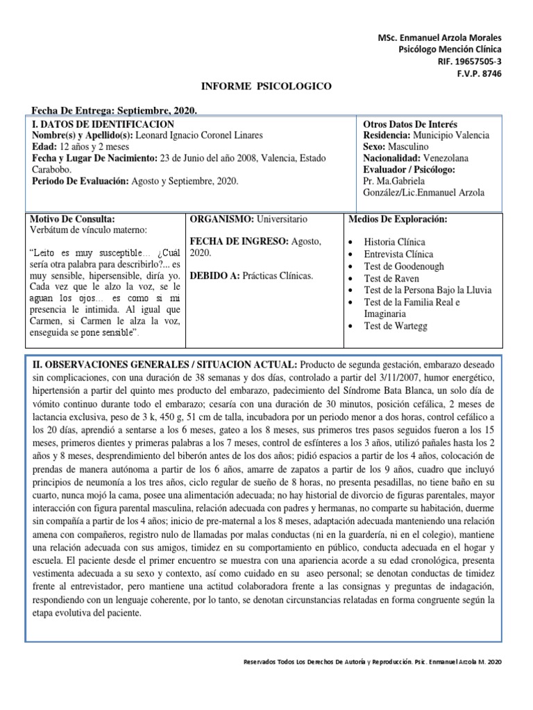 Informe Psicologico Infantil | PDF | Las emociones | El embarazo