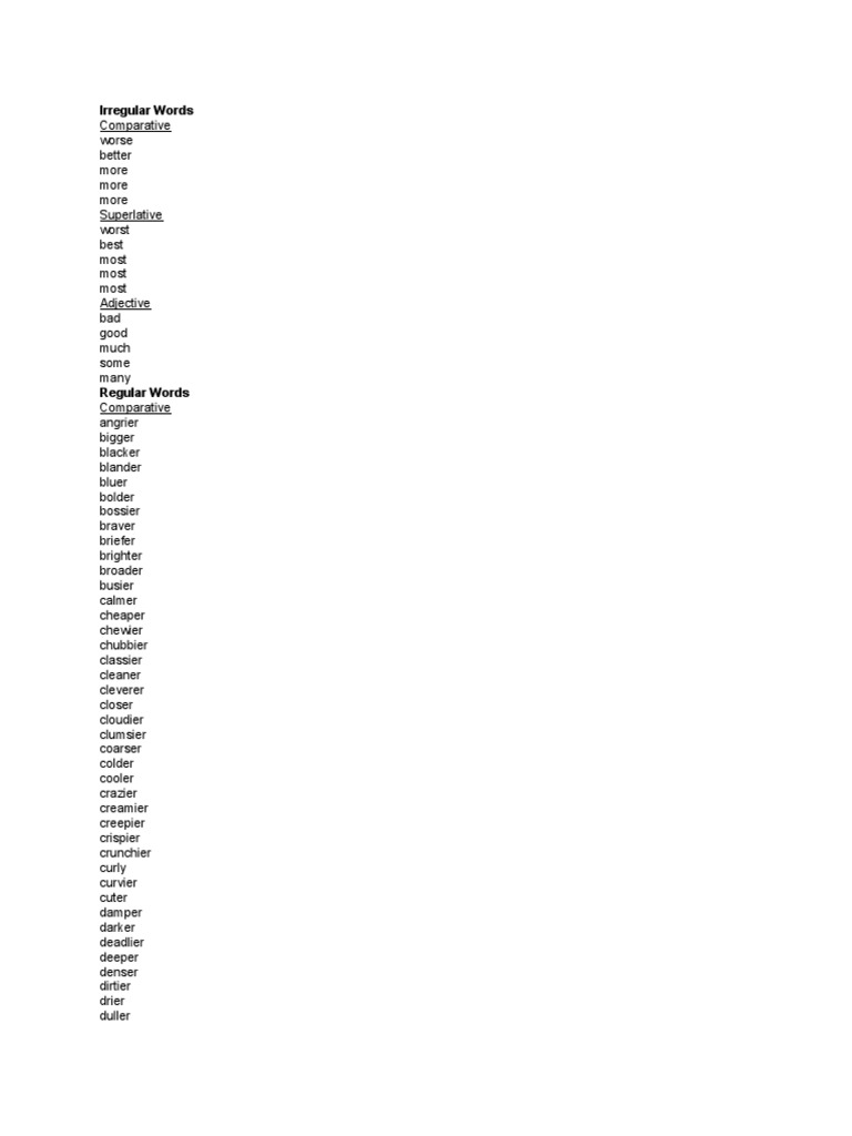 Irregular Comparative and Superlative List | PDF | Grammar | Language ...