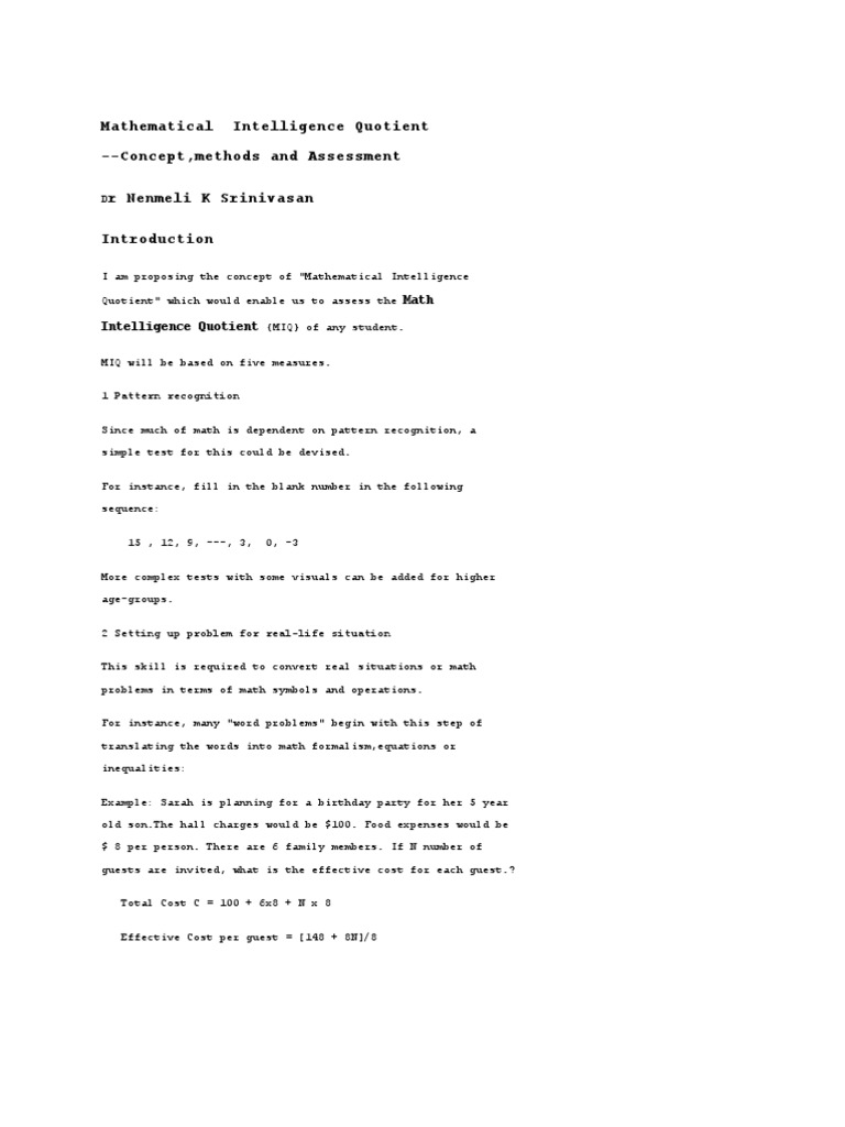 Mathematical Intelligence Assessment | PDF | Intelligence Quotient ...