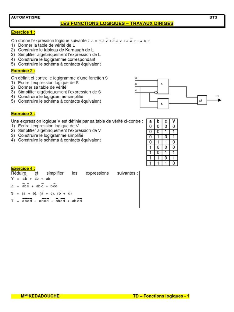 Exercices corrigés sur fonctions logiques | PDF | Fonction logique ...