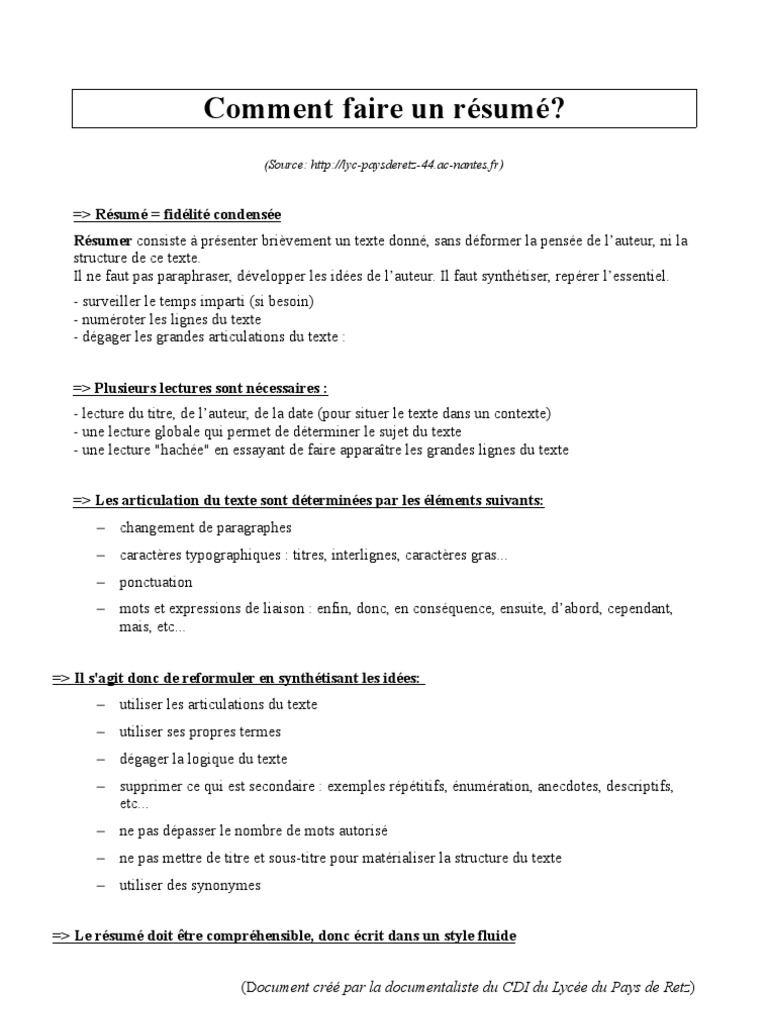 Methode Pour Resumer Un Texte  PDF