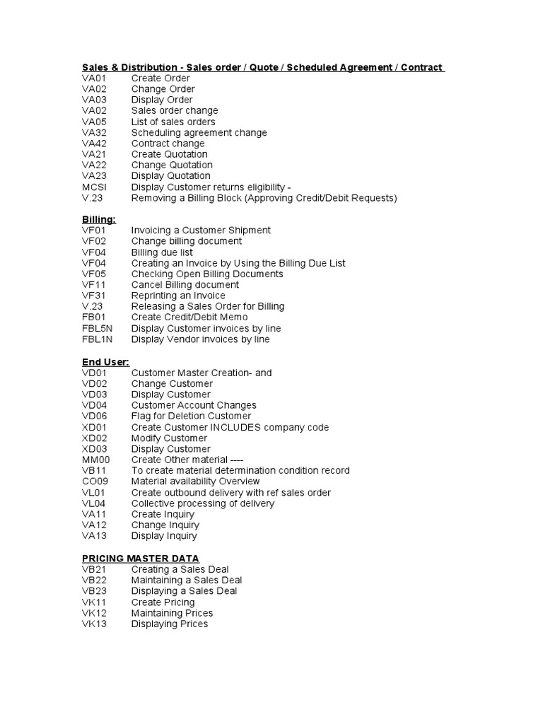 SD TCodes | PDF | Invoice | Business
