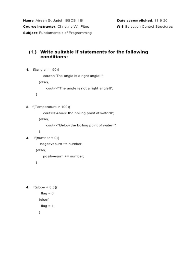 Week 8 Selection Control Structures | PDF | Control Flow | Computer ...