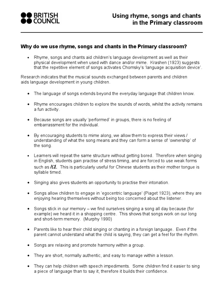 Why Do We Use Rhyme, Songs and Chants in The Primary Classroom? | PDF ...