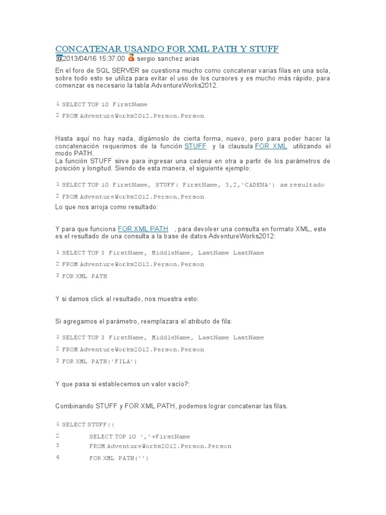 Concatenación en SQL con STUFF y FOR XML | PDF | SQL | Gestión de ...