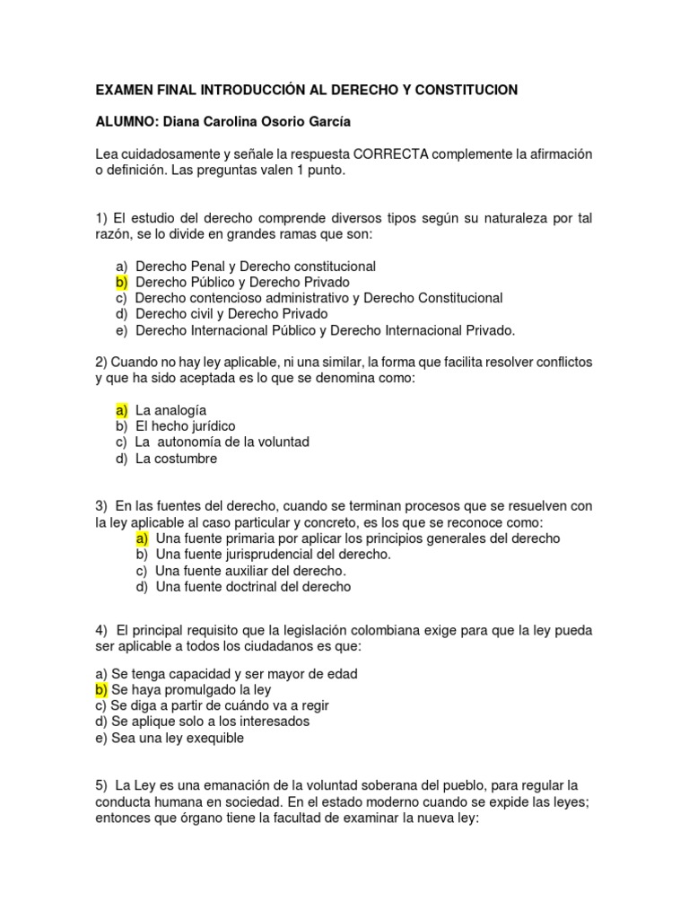Examen Final Introducción Al Derecho y Constitucion | PDF | Caso de ley ...