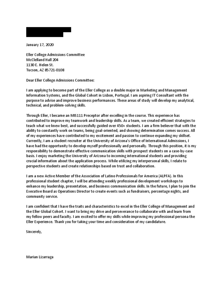 Cover Letter Eller Admissions PDF