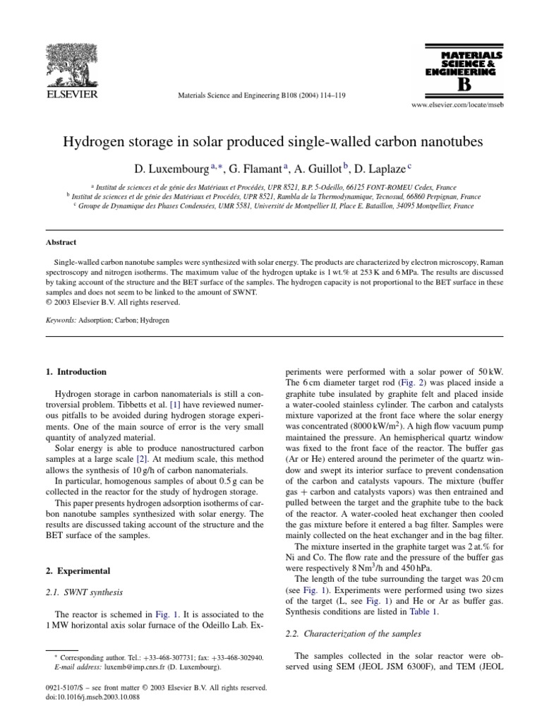 Hydrogen Storage in Solar Produced Single-Walled Carbon Nanotubes | PDF ...