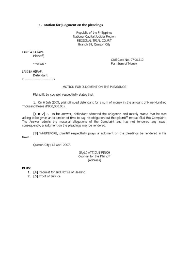Motion for Judgment on Pleadings | PDF | Pleading | Summary Judgment
