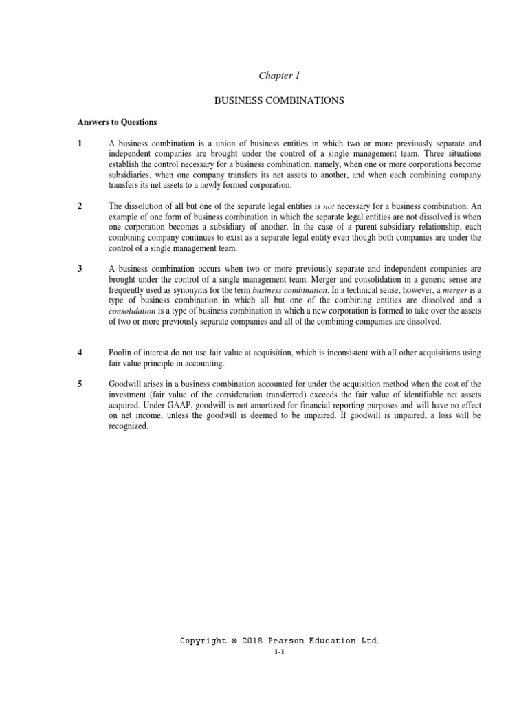 Business Combinations Answers To Questions 1 PDF Goodwill
