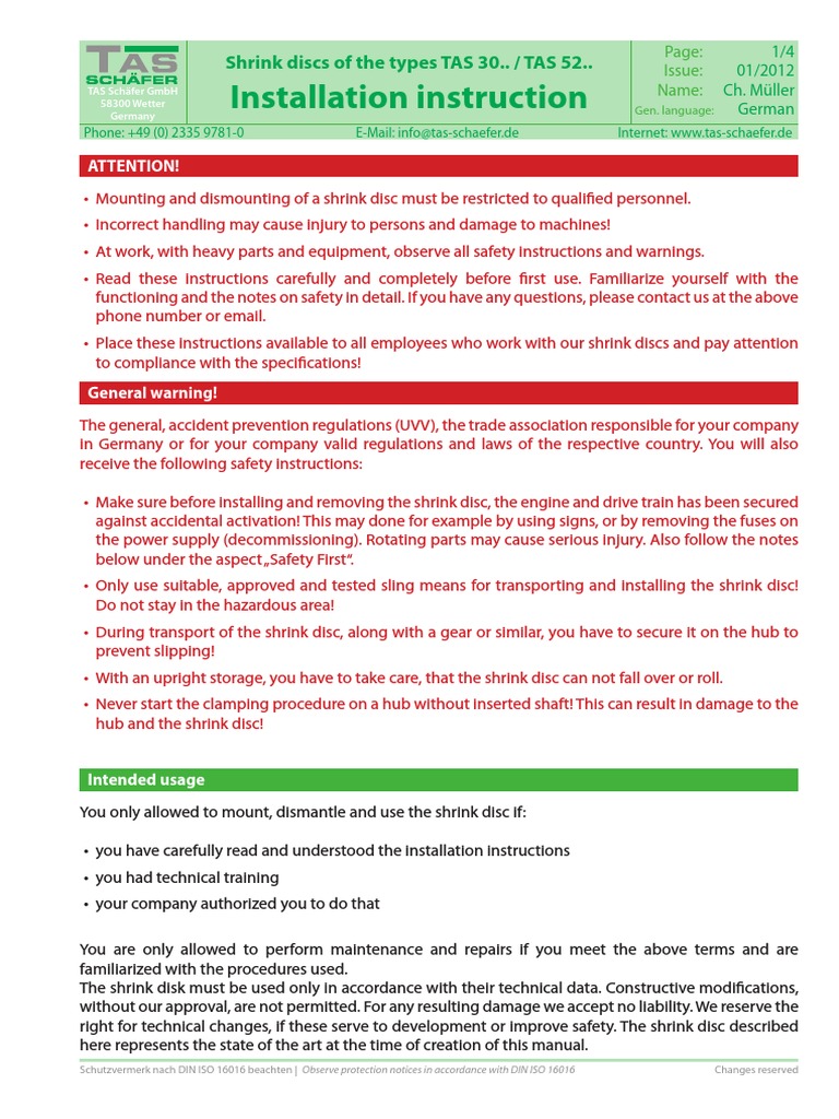 Installation Instruction Shrink Discs of The Types TAS 30.. / TAS 52. PDF Screw Safety