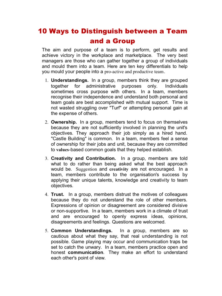 10 Ways To Distinguish Between A Team and A Group | PDF | Creativity ...