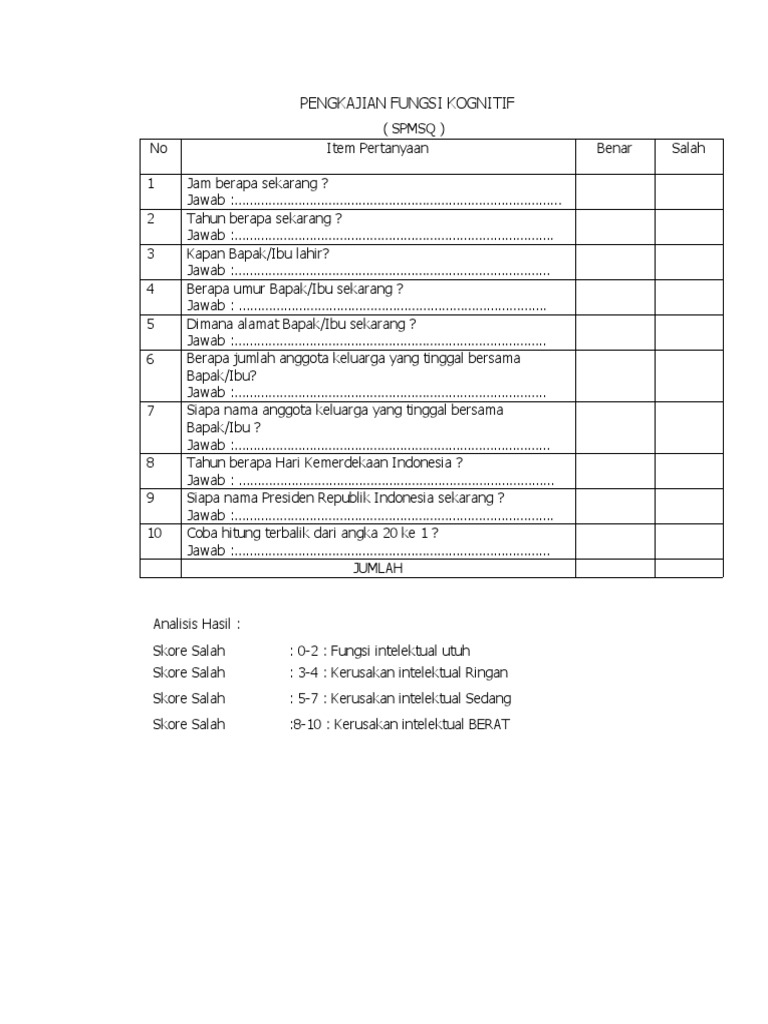 Pengkajian Kognitif dengan SPMSQ | PDF | Game & Aktivitas