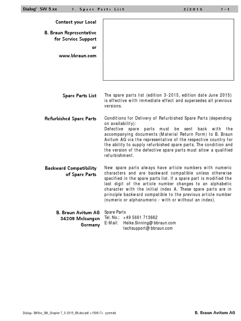 Dialog+ SW9.xx Service Manual, Chapter 7 Spare Parts, Edition 3-2015 ...