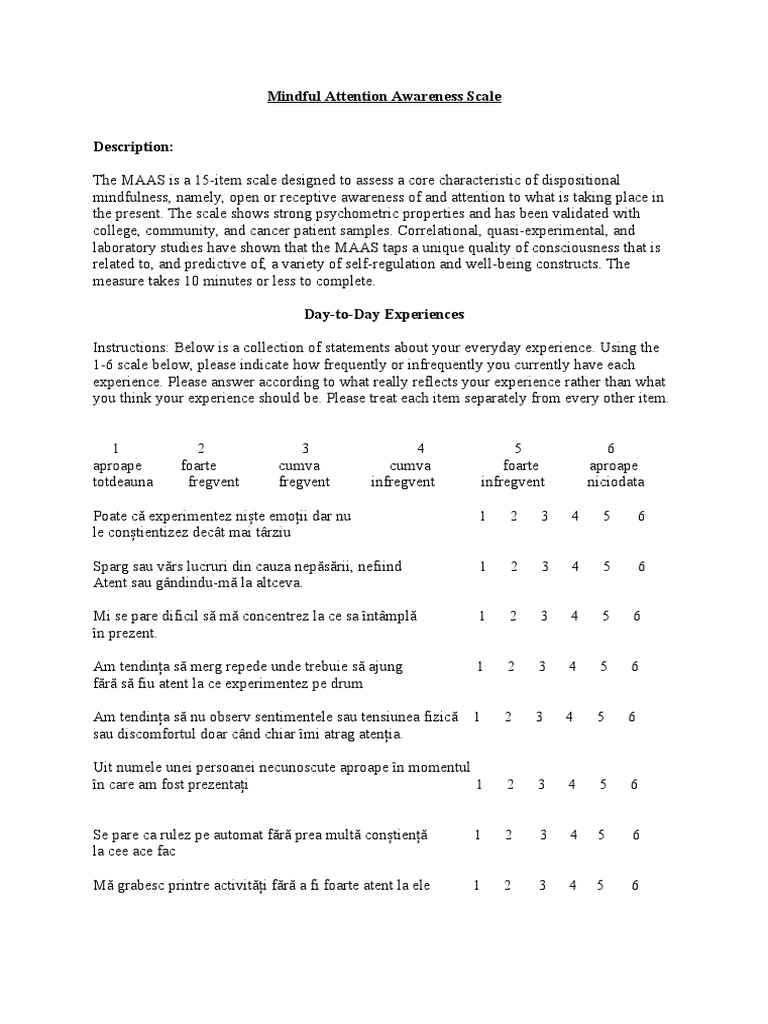 Mindful Attention Awareness Scale - Ro | PDF