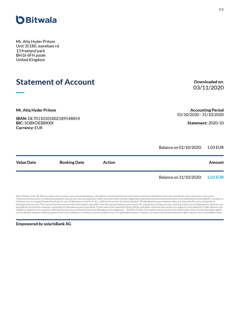 Bitwala Account Statement Overview | PDF | Deposit Account | Overdraft