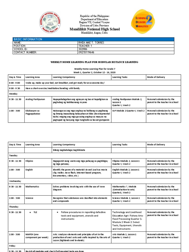 Grade 7 Weekly Home Learning Plan | PDF | Behavior Modification | Cognition