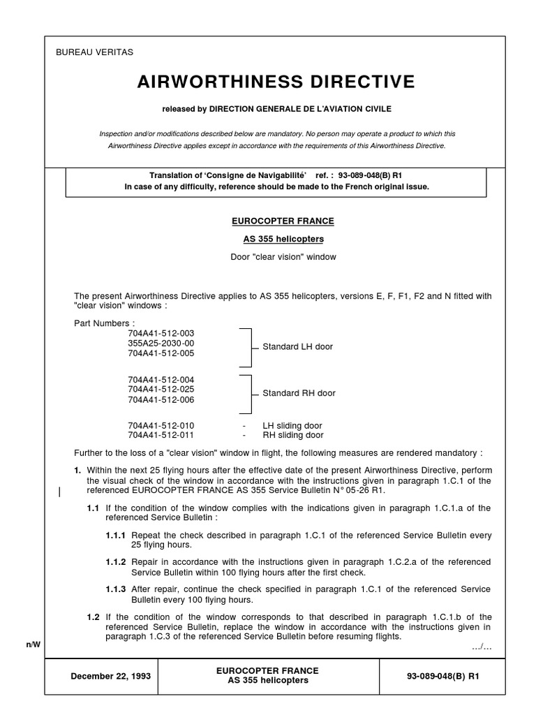 Airworthiness Directive for AS 355 Helicopters | PDF | Aerospace ...