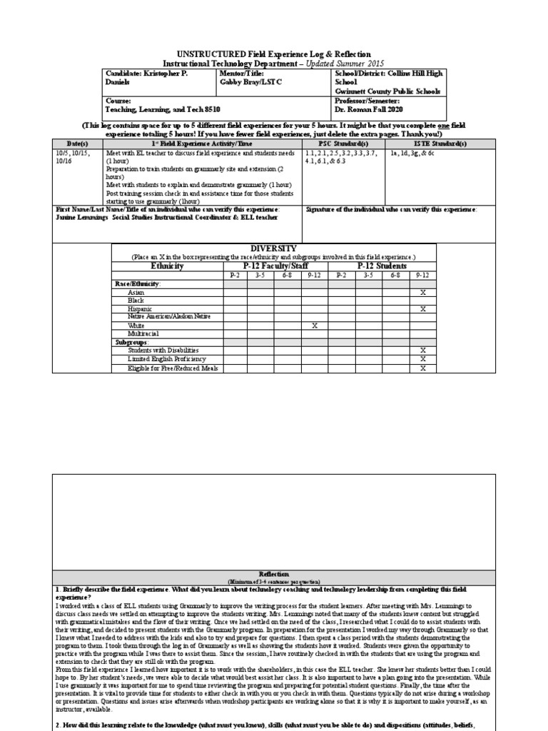 UNSTRUCTURED Field Experience Log PDF English As A Second Or Foreign Language Teachers