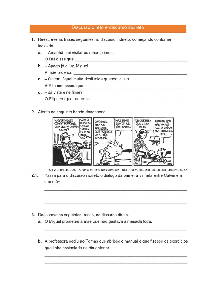 Exercícios de Discurso Direto e Indireto | PDF