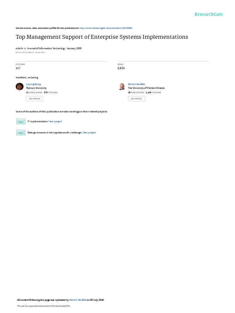 Top Management Support of Enterprise Systems Implementations | PDF ...
