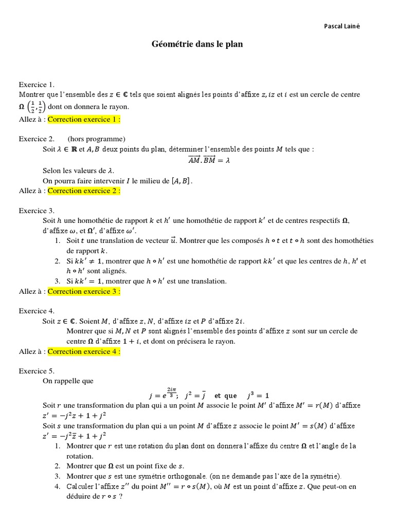 Géométrie Dans L espace Terminale Exercices Corrigés Pdf Exercices Corriges Geometrie Dans Le Plan | PDF | Nombre complexe | Base  (algèbre linéaire)