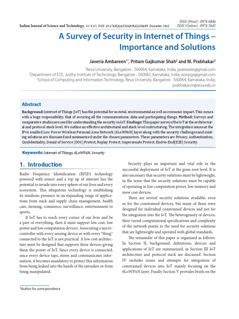A Survey of Security in IoT | PDF | Internet Of Things | Internet Protocols