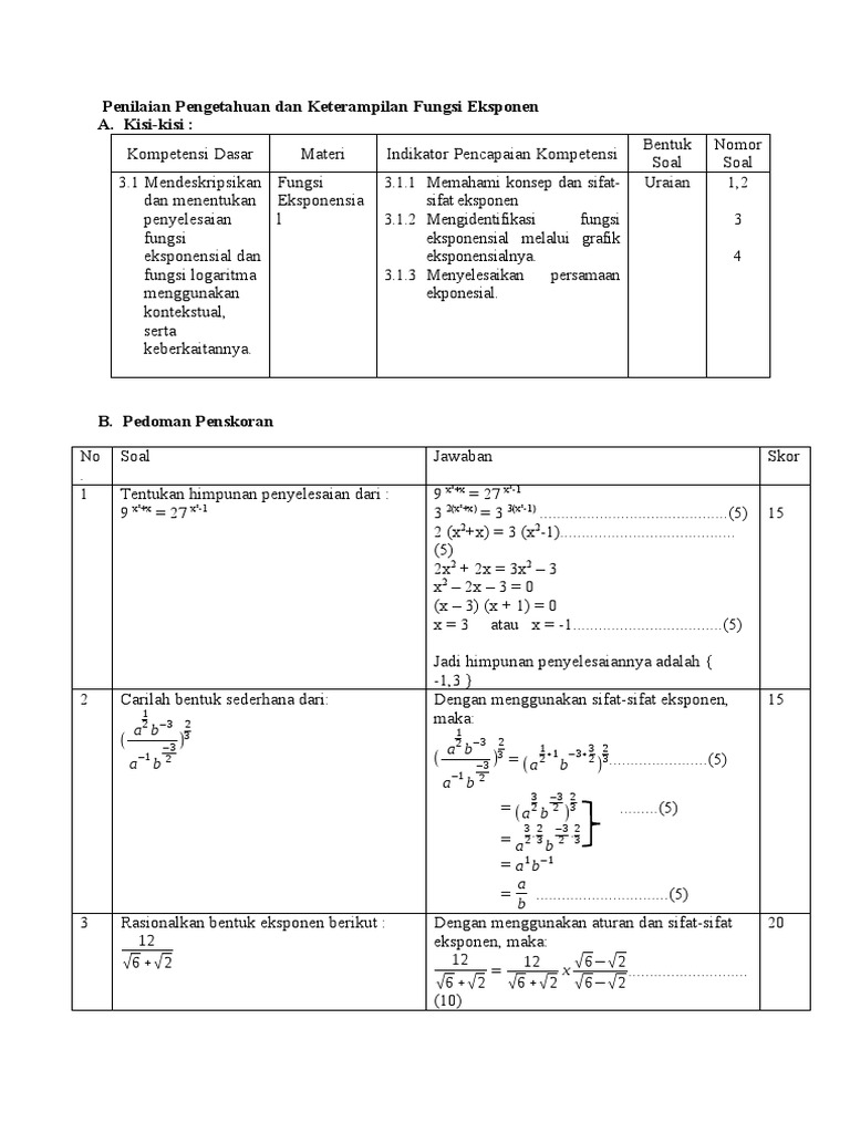 Penilaian Dan Soal Pengetahuan Dan Keterampilan Fungsi Eksponen