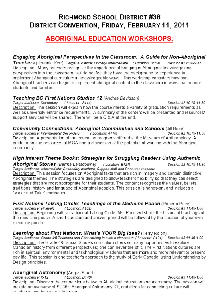 R S D #38 D C, F, F 11, 2011: Aboriginal Education Workshops | PDF