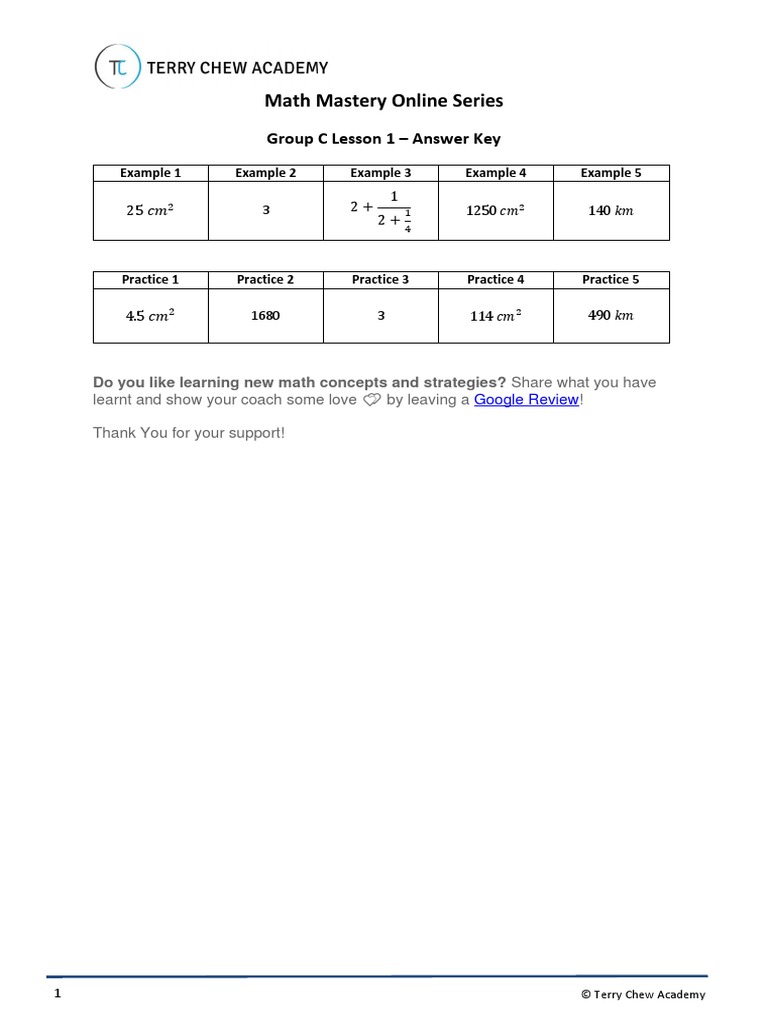 Math Mastery Online Series: Group C Lesson 1 - Answer Key | PDF