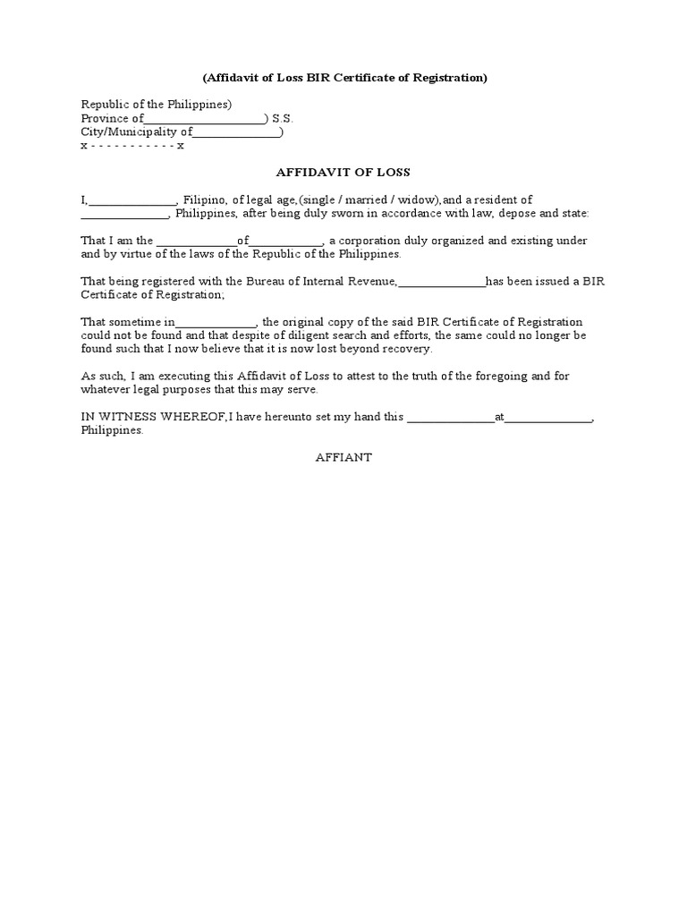 Form no 30 affidavit of loss bir certificate of registration pdf