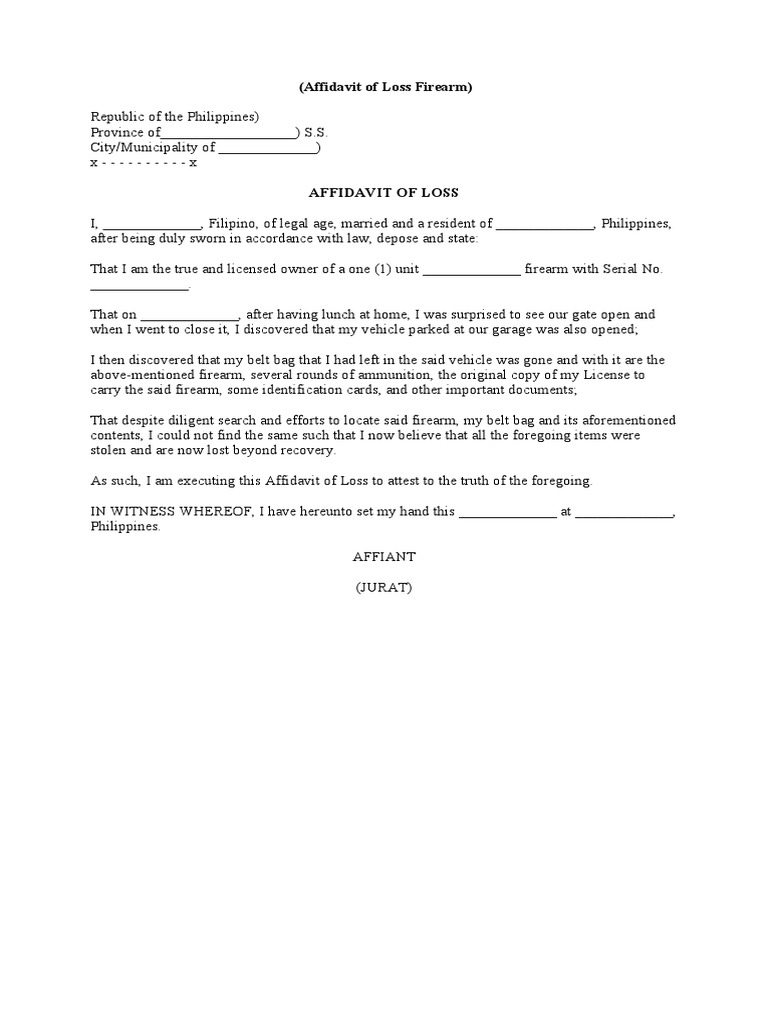 Form No. 33 Affidavit of Loss Firearm PDF