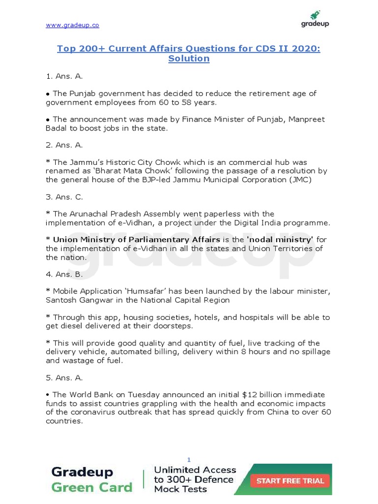 Current Affairs for CDS II 2020 Exam | PDF | International Committee Of ...