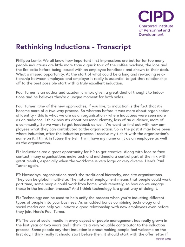 Rethinking Inductions - Transcript: ©CIPD 2018 | PDF | Telecommuting | Bbc
