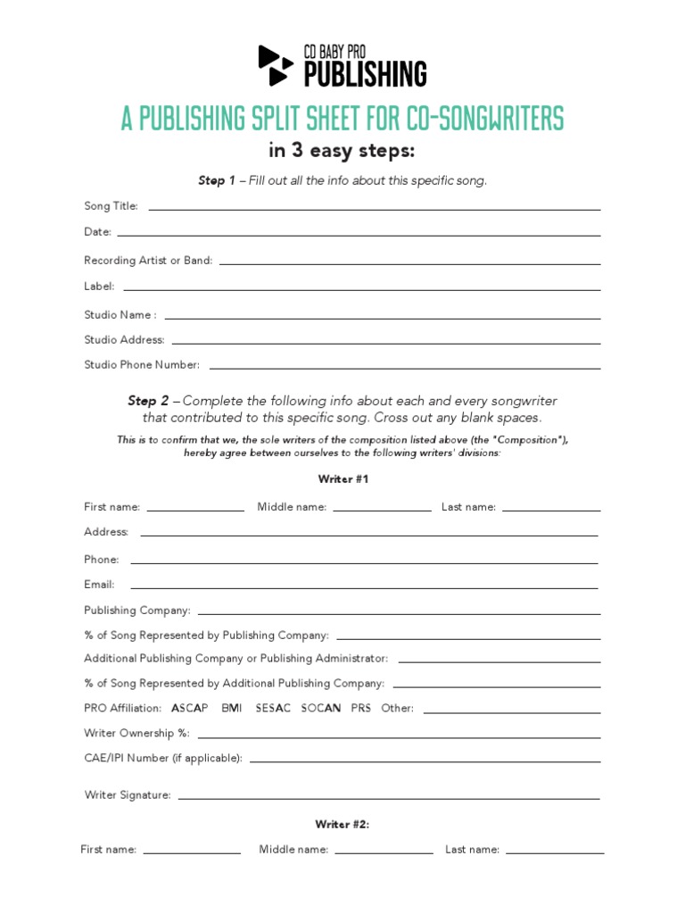 A Publishing Split Sheet For Co-Songwriters: in 3 Easy Steps | PDF ...
