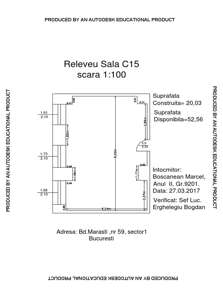 Floor plan drawing of room c15 produced with autodesk educational