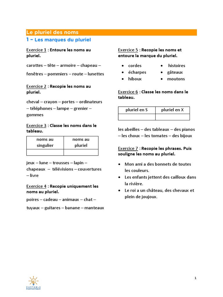 Exercices Singulier Pluriel Ce2 Pdf Le Pluriel Des Noms | PDF