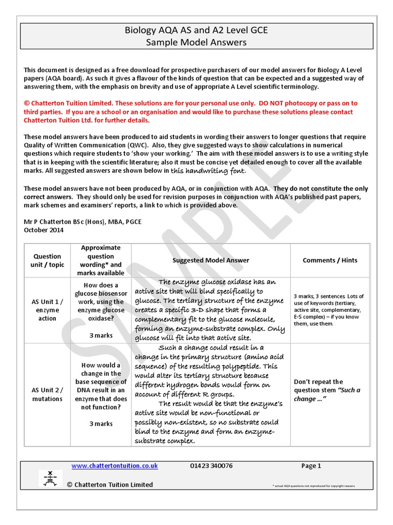 Biology AQA AS and A2 Level GCE Sample Model Answers | PDF | Active ...