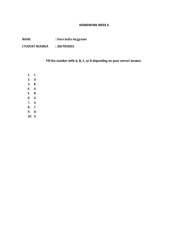 Answer Sheet Homework Week 6 | PDF
