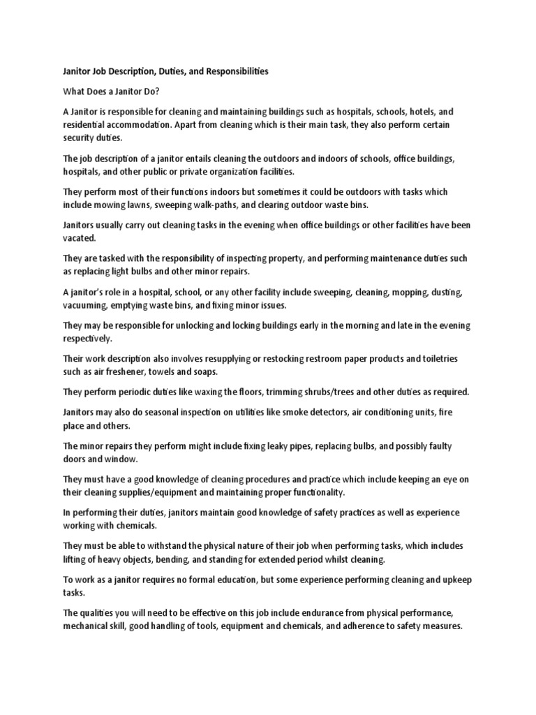 Janitor Job Description & Duties PDF Public Toilet Janitorial Service