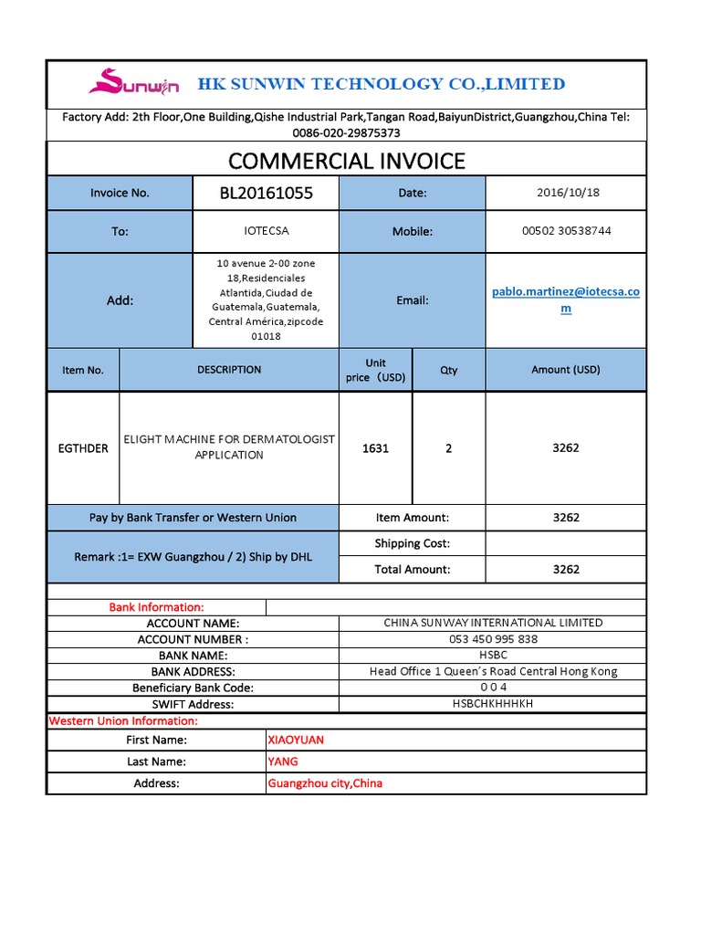 Commercial Invoice for Dermatology Equipment | PDF | Banking | Business